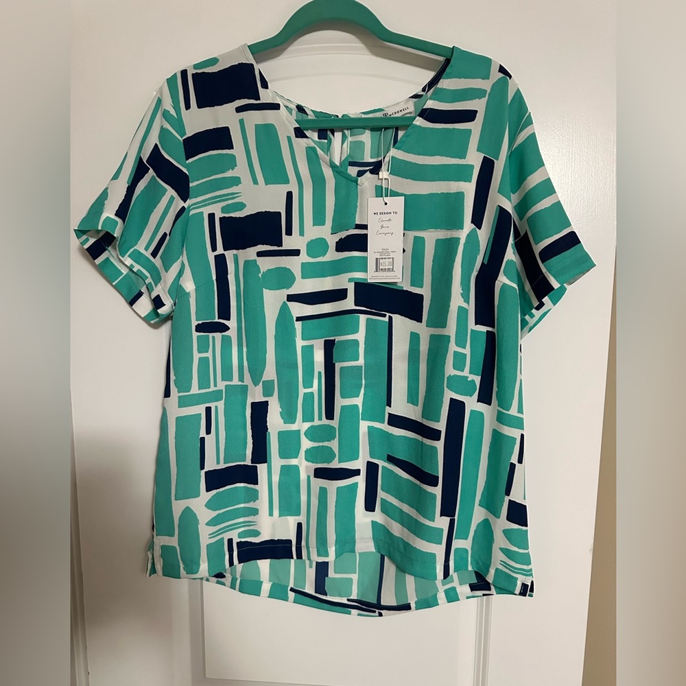 Stylish Geometric Print Short Sleeve Top - Teal and Navy